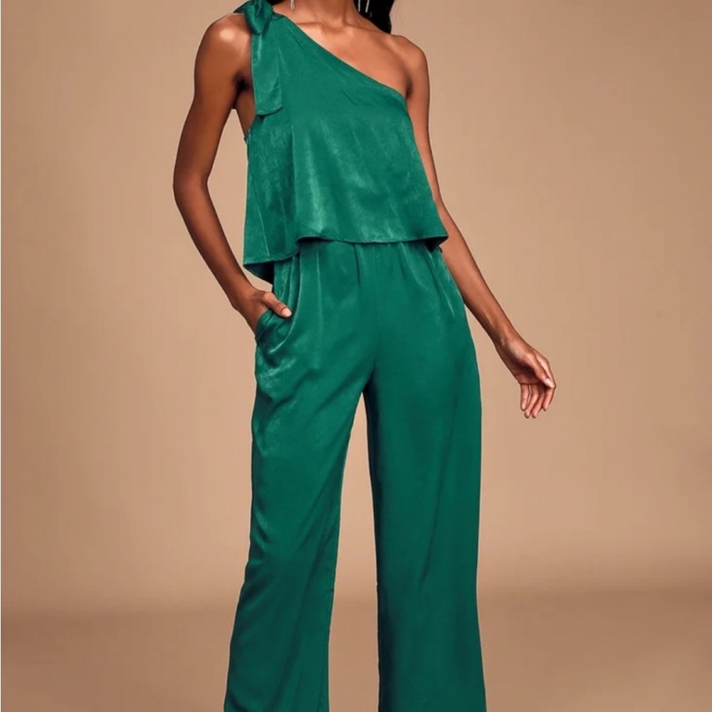 Lulus Elegant Green One-Shoulder Jumpsuit